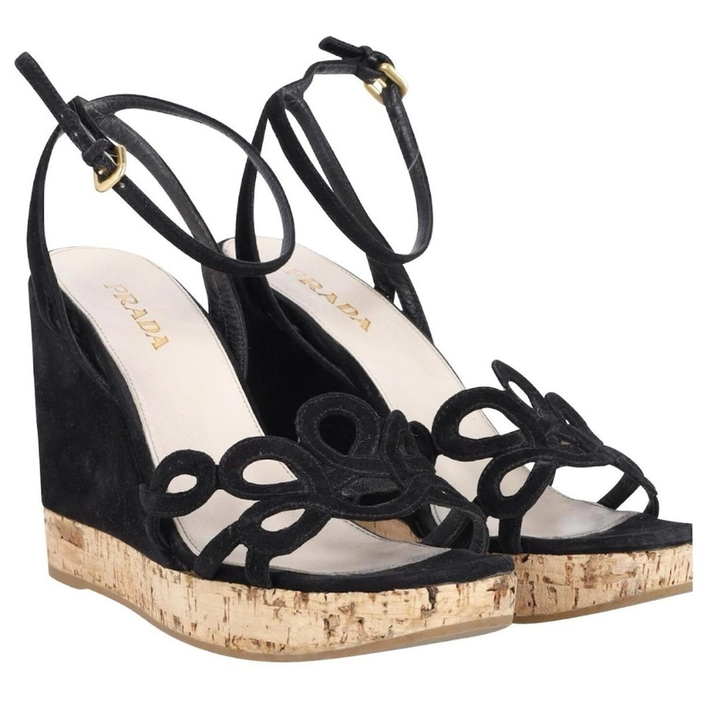 Prada Ankle Strap Wedge Platform Espadrille Sandals Cut Flower Detail Suede